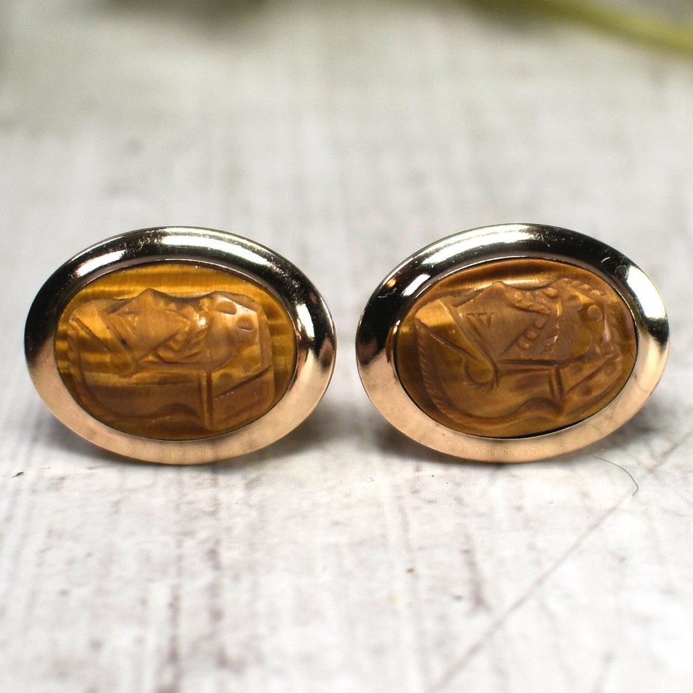 Vintage 12 Gold Filled Cuff Links with Tiger's Eye Roman Heads: Dolan Bullock